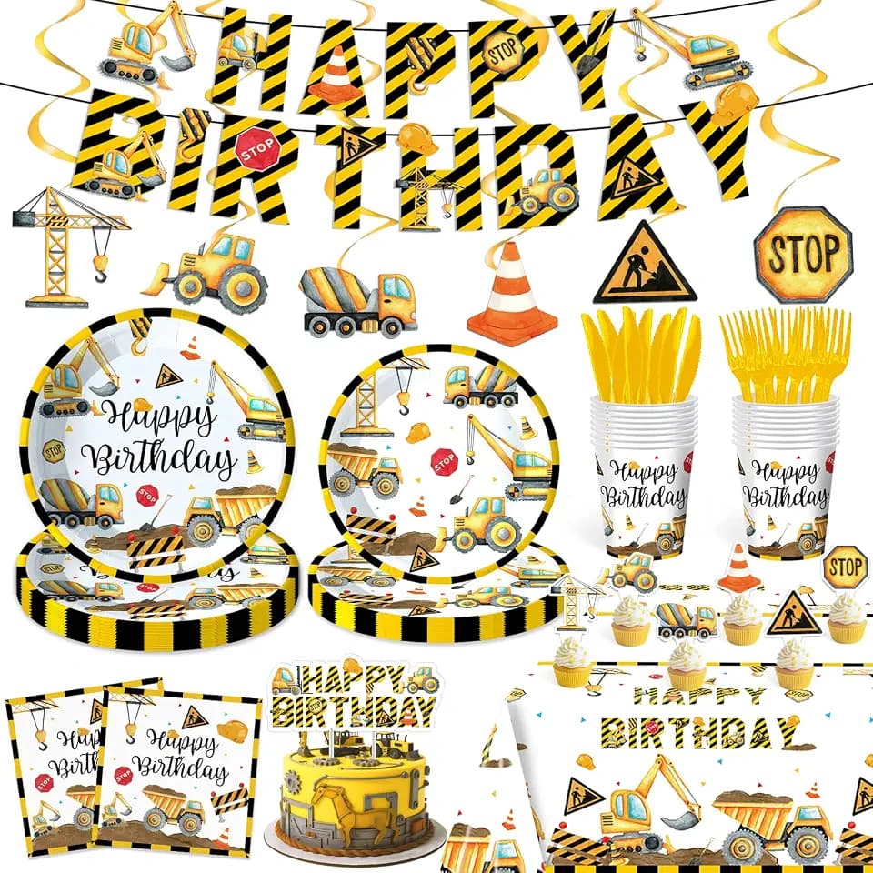 Construction Birthday Party Supplies Construction Party Decorations Includes Plates Napkins Cups Hanging Swirl Banner Tablecloth and Cake Toppers For Construction Theme Birthday Decorations