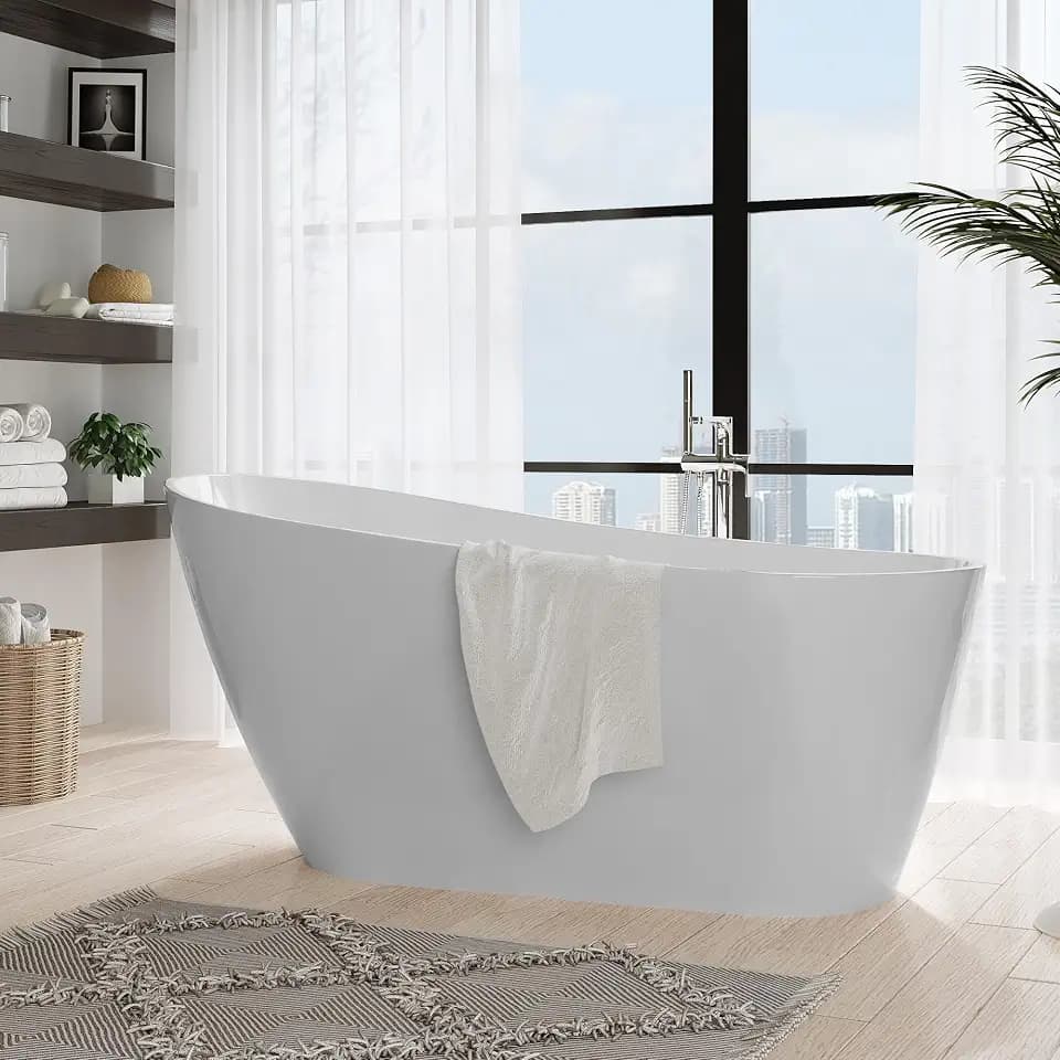 GarveeTech 59" Acrylic Freestanding Bathtub, Modern White Soaking Tub With Overflow and Chrome Drain, Stand Alone Soaking Bath Tub
