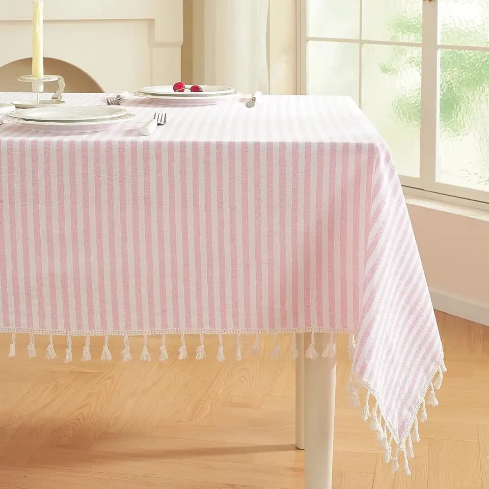 meioro Striped Rectangle Tablecloth, Cotton Blend Fabric Pink Table Cloth with Tassel, Washable Wrinkle Free Table Cover Boho Picnic Tablecloths for Valentines Day Kitchen Dining - 55 x 98 Inch