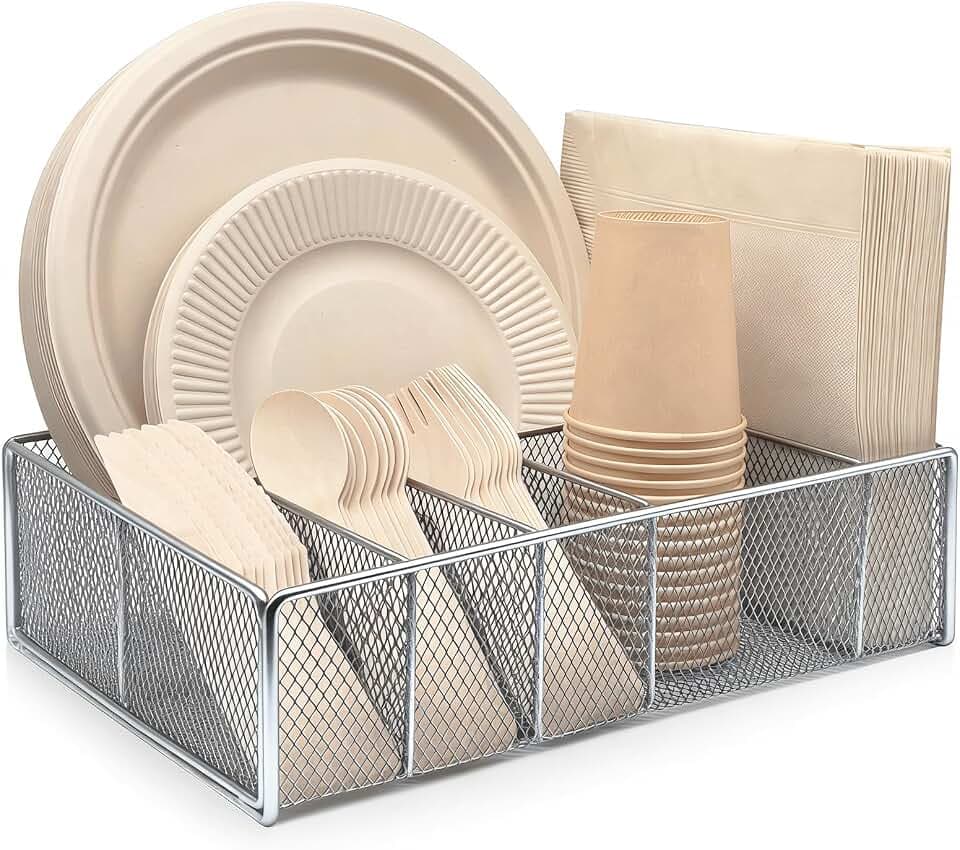 DysanVica Metal Paper Plate Holder - Utensil Silverware Caddy Silver