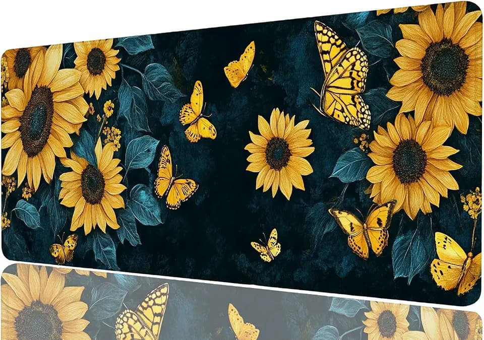 Sunflower Mouse Pad Large Golden Butterfly Blue Botanical Contrast Mousepad XL Large Gaming Mouse Pad Laptop Keyboard Mat Desk Pad Great for Work-from-Home or Office Use 31.5x11.8 Inch