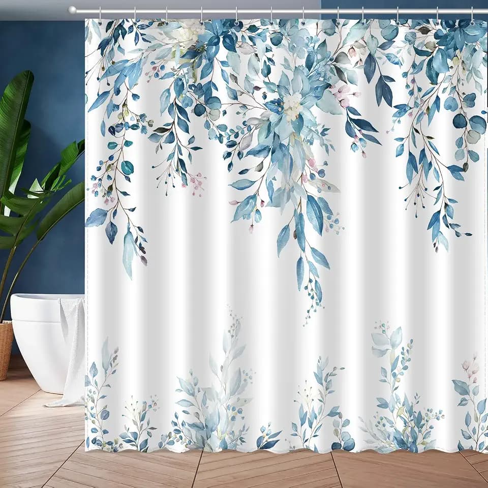 JWXCBIM Blue Eucalyptus Leaves Shower Curtain, Aesthetic Art Watercolor Plant Floral Leaf Bathroom Decor, Waterproof Fabric Bath Curtain Set with Hooks 72x72 Inches