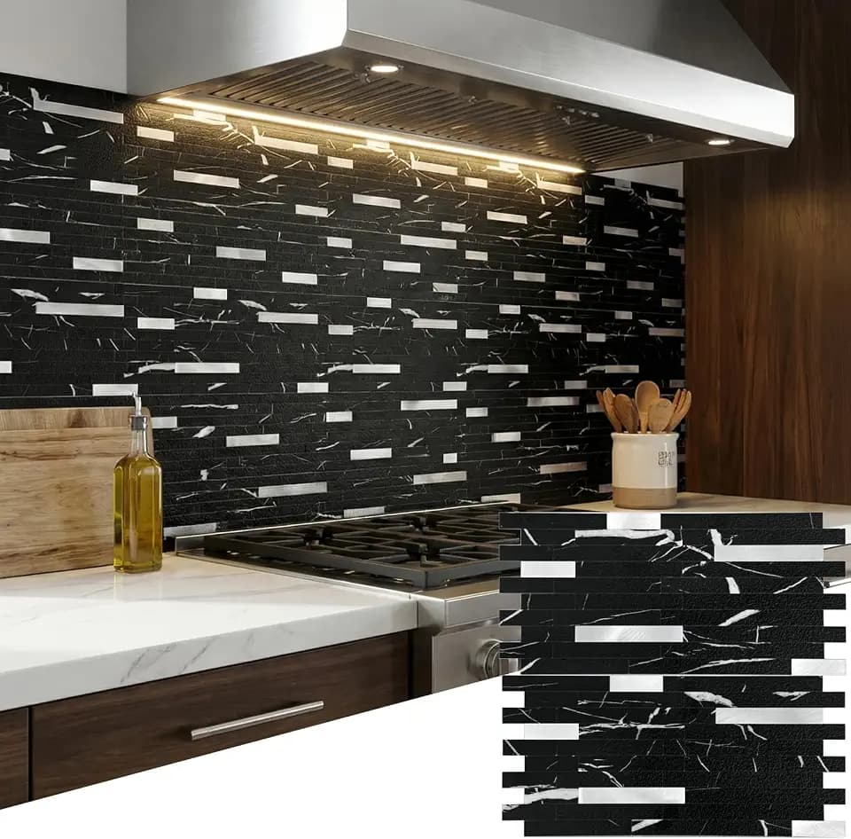 Yipscazo 10 Sheets Peel and Stick Stone Metal Tile Backsplash, Stick on Tiles for Backsplash Kitchen, Bathroom, Laundry Room, Camper, Fireplace (12'' X 12'', Pure Black)