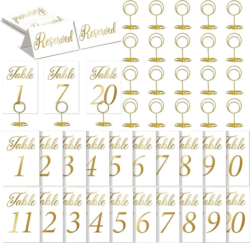 Gold Wedding Table Numbers 1-20 with Place Card and Holders