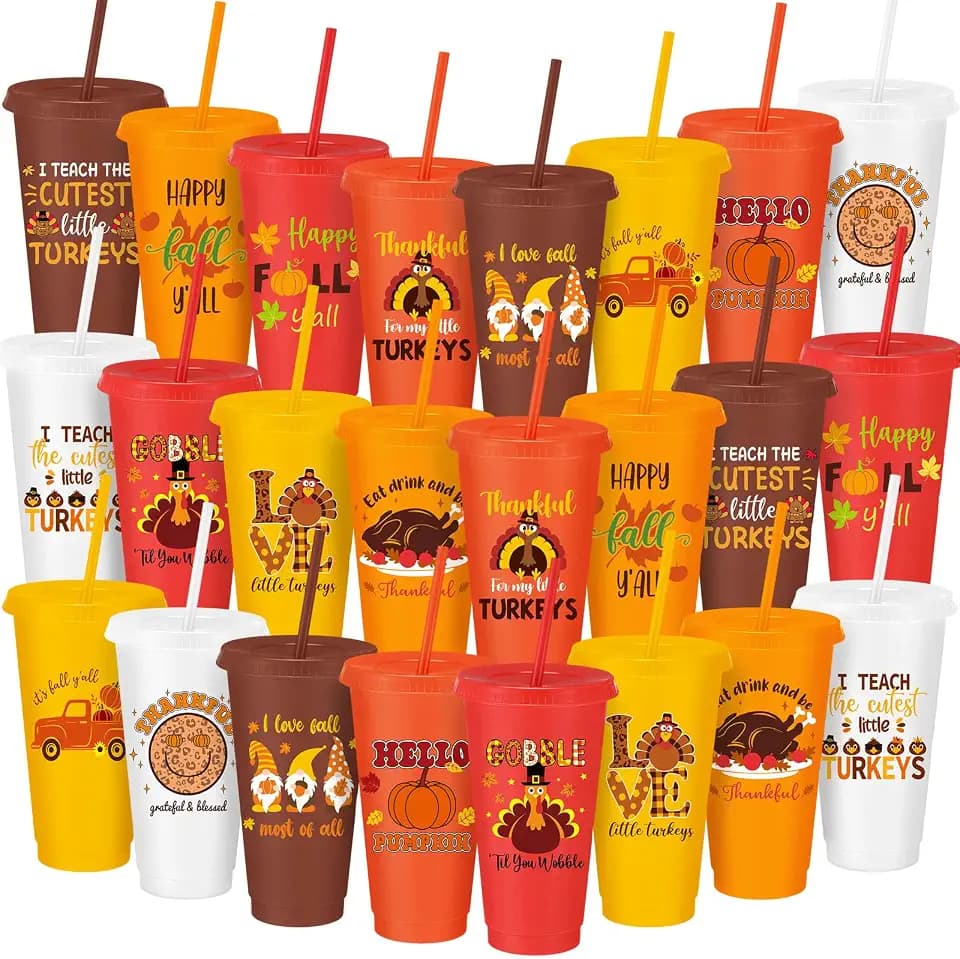 Umigy 24 Pcs Fall Plastic Cup 24 oz Thanksgiving Cup with Lids and Straws