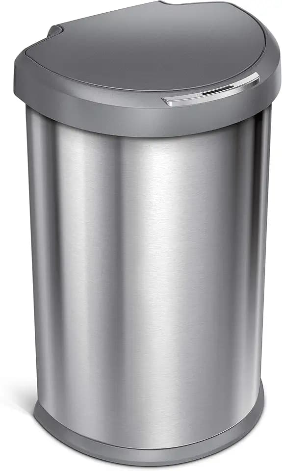 simplehuman 45 Liter / 12 Gallon Semi-Round Sensor Automatic Trash Can, Brushed Stainless Steel with Grey Plastic Lid