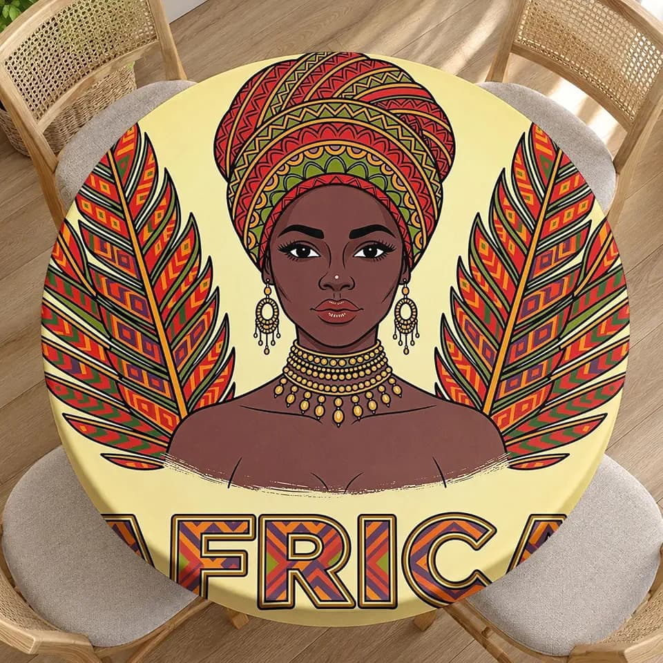 African Woman Round Tablecloths Elastic Edged Beautiful Girl Palm Leaves Ethnic Ornament Tablecloths Washable Reusable Tablecloths for Kitchen Picnic Party 40-44 inch