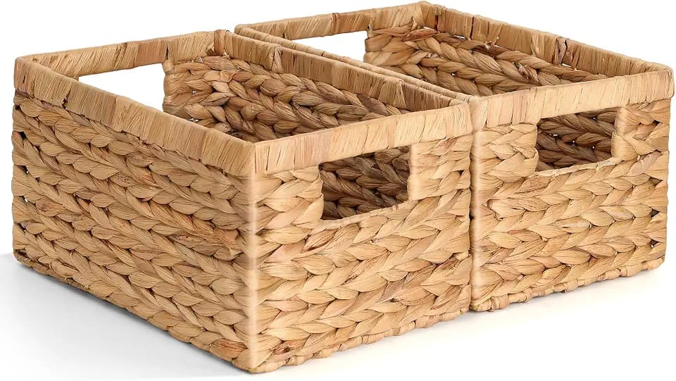 Set of 2 Wicker Shelf Storage Baskets for Organizing - Natural Durable Water Hyacinth Woven Basket Pantry Bin Organizers for Shelves with Handles for Home & Decor Organization, 12.5” x 8” x 6.5”
