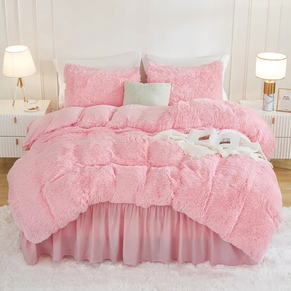 Andency Pink King Size Comforter Set, Fluffy Faux Fur Warm Bedding Set