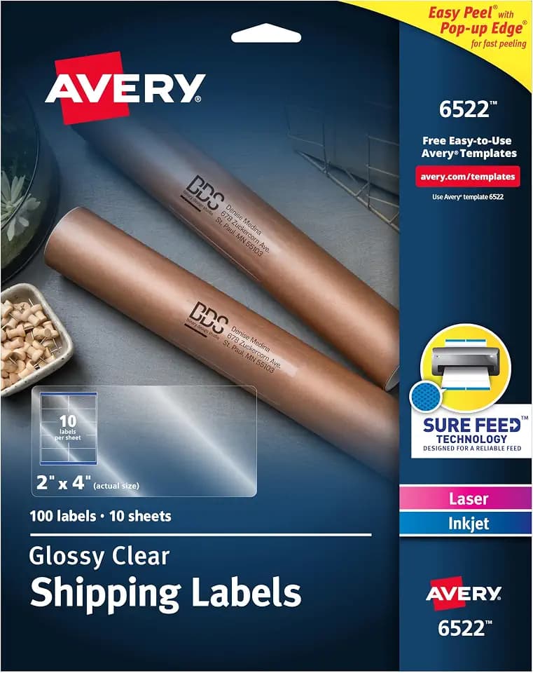 Avery® Printable Shipping Labels, Sure Feed® Technology, 2" x 4", Glossy Crystal Clear, 100 Blank Mailing Labels (6522)