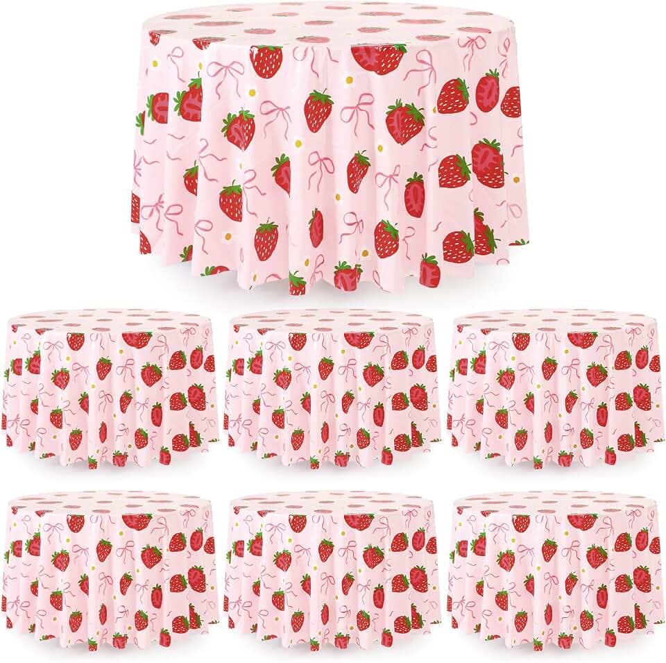 Ganeen 6 Pcs Strawberry Bow Pink Round Tablecloth Plastic Table Covers