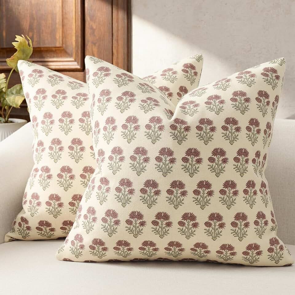 Farmhouse Floral Pillow Covers 22x22 Set of 2, Country Botanical Throw Pillow Cover for Sofa Couch Bed Living Room, Rustic Vintage Flower Cushion Covers Cottage Home Decor,Rust Meadow