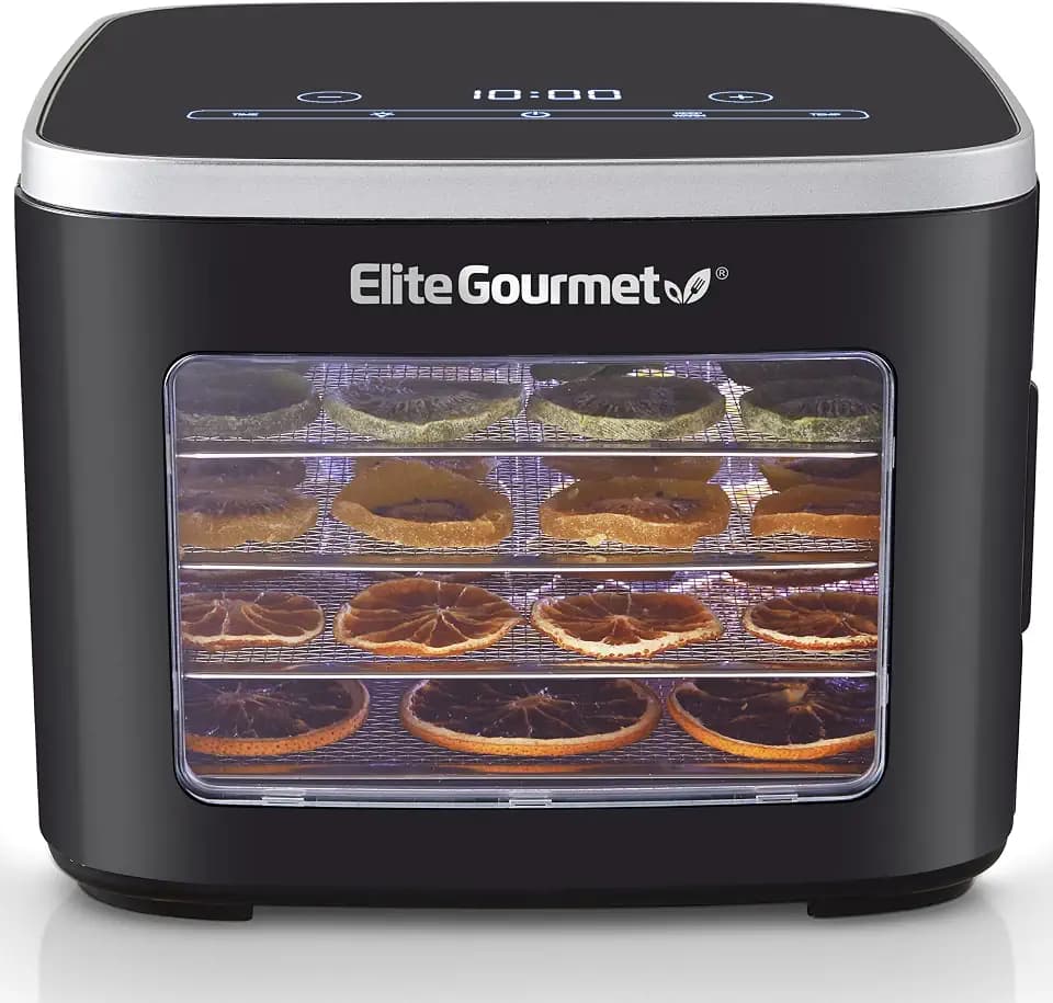 Elite Gourmet 5-Tray Digital Food Dehydrator, Stainless Steel, Keep Warm