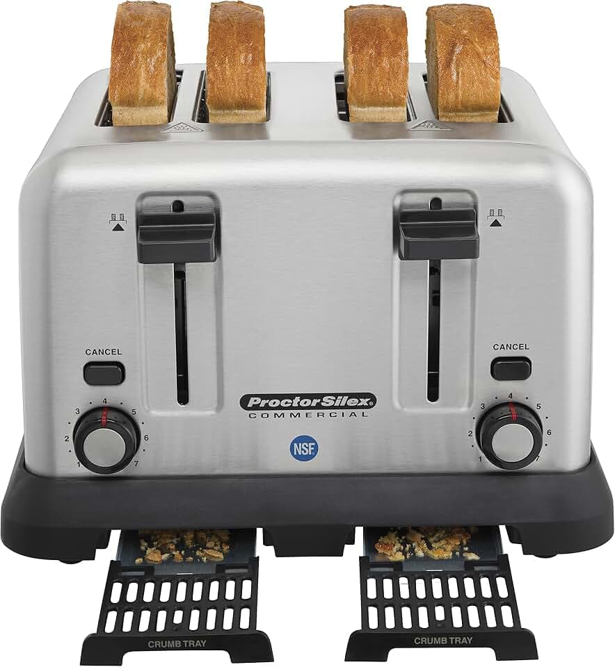Proctor Silex Commercial 4 Slot Toaster with Crumb Tray, Longer-Life Heating Elements, Stainless-Steel Construction, NSF Certified, 24855