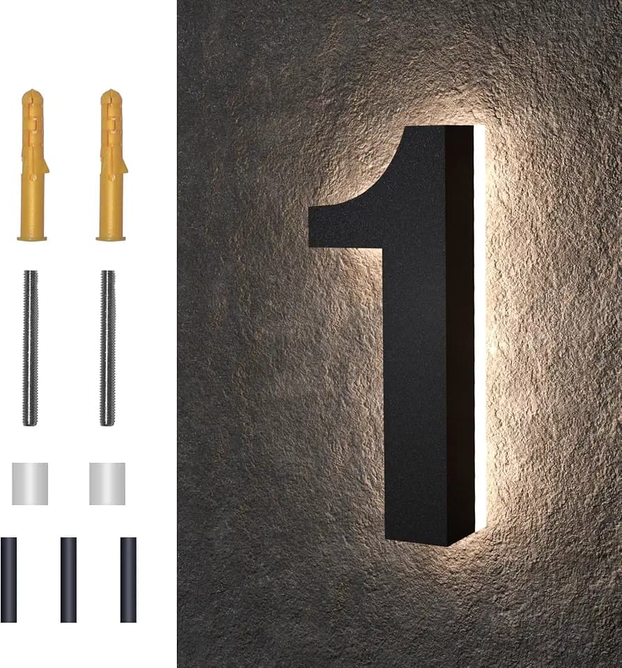 5 Inch Backlit LED House Numbers, Waterproof Stainless Steel, High Transparency Acrylic, LED Illuminated Home Address Number, Lighted House Numbers, Modern Address Numbers, 5 Inch Number 1