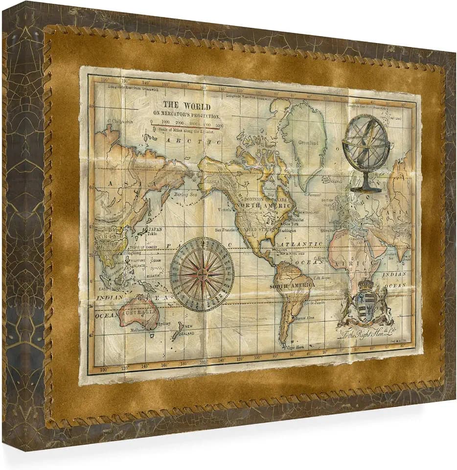 Wrapped Canvas Wall Art - Vision Studio 'Antique World Map Framed' Wall Art for Living Room, Bedroom, or Office Décor - 24x32