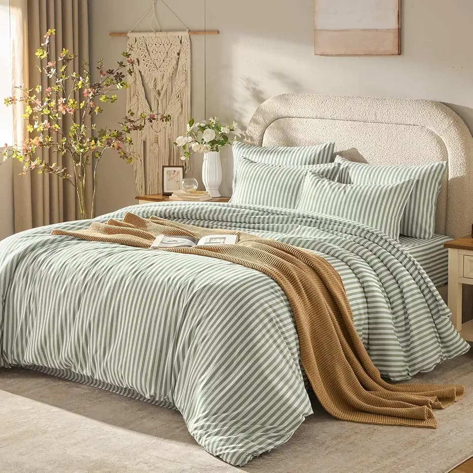 Litanika Full Comforter Sets 7 Pieces Sage Green White Striped