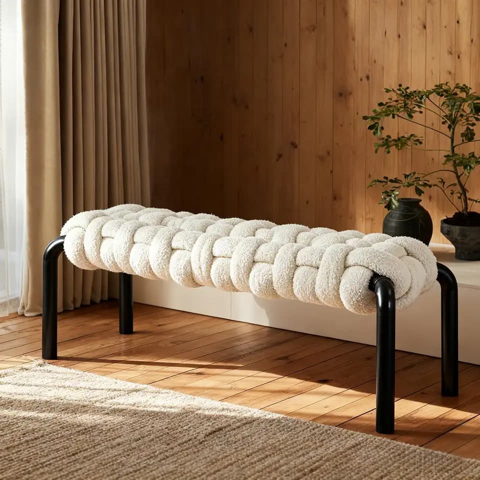Merax 41" Teddy Fabric End of Bed Bench, Upholstered Window Seat with Black Metal Legs, Teddy Braided Fabric Entryway Bench for Living Room and Bedroom, White
