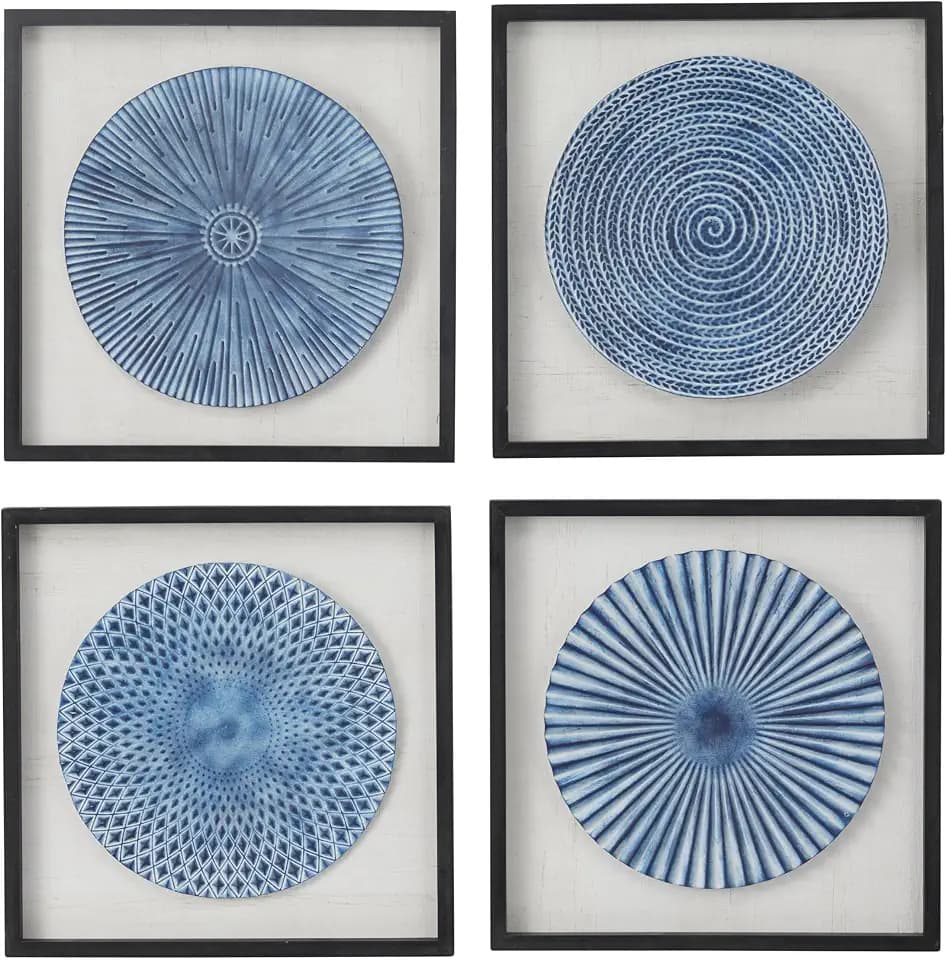 Deco 79 Wood Starburst Radial Plates Framed Wall Art with Black Frame, Set of 4 16"W, 16"H, Blue