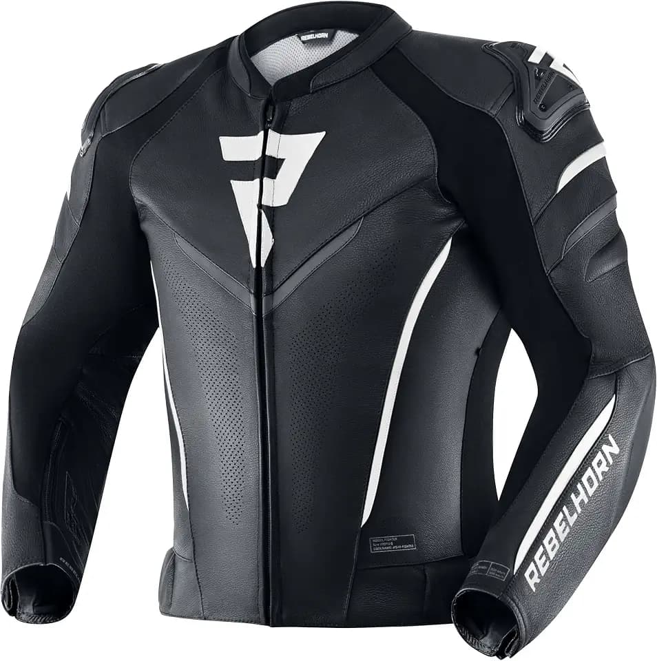 REBELHORN Fighter Motorradjacke Herren | Rindsleder | Ellbogen, Schultern und Rückenprotektor Stufe 2 | Schulterschieber | Wasserdichte In&Out Weste | Belüftungspaneele | Größen bis 62