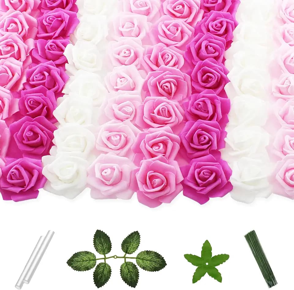 100 Pcs 2 in Small Artificial Rose Head Bulk (4-Tone Pink White)