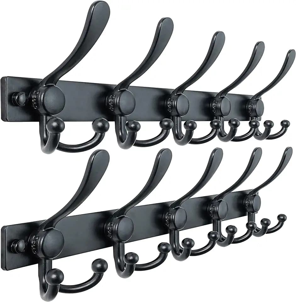 Dseap Coat Rack Wall Mount, Heavy Duty 12-Gauge Base vs Flimsy 1mm, Double-Thick Solid Anti-Snap Hooks, 16” Stud-Mount, Stainless Steel Hanger for Clothes Hat Entryway Closet, Black, Pack of 2