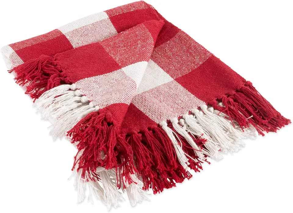 DII Buffalo Check Collection Rustic Farmhouse Throw Blanket with Tassles, 50x60, Red/White