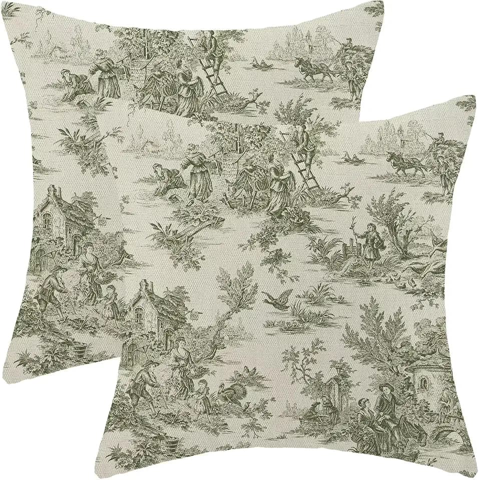 Toile Pillow Covers 18x18 Inch Set of 2, French Style Outdoor Decorative Throw Pillowcase Vintage Sage Green Toile De Jouy Cushion Cover for Sofa Couch Farmhouse Living Room Bed Decor