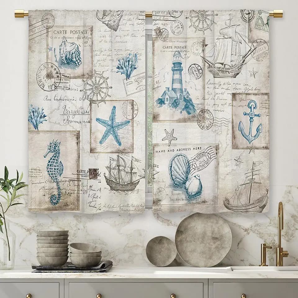Vintage Nautical Coastal Kitchen Curtains Sailboat Compass Small Short Cafe Window Curtains Ocean Beach Seashell Starfish Bathroom Drapes Treatment Tier Curtains 2 Panels (27.5x39 Inch)