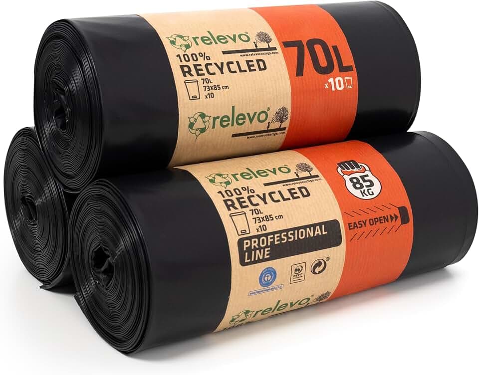 Relevo Professionelle Schwarze Schwerlast-Müllsäcke – 70L (B 73 cm × H 85 cm), 30 Säcke (3 Rollen × 10 Säcke) | Extra Stark & Auslaufsicher | 75 µm (Mikrometer) | 100% Recyceltes LDPE