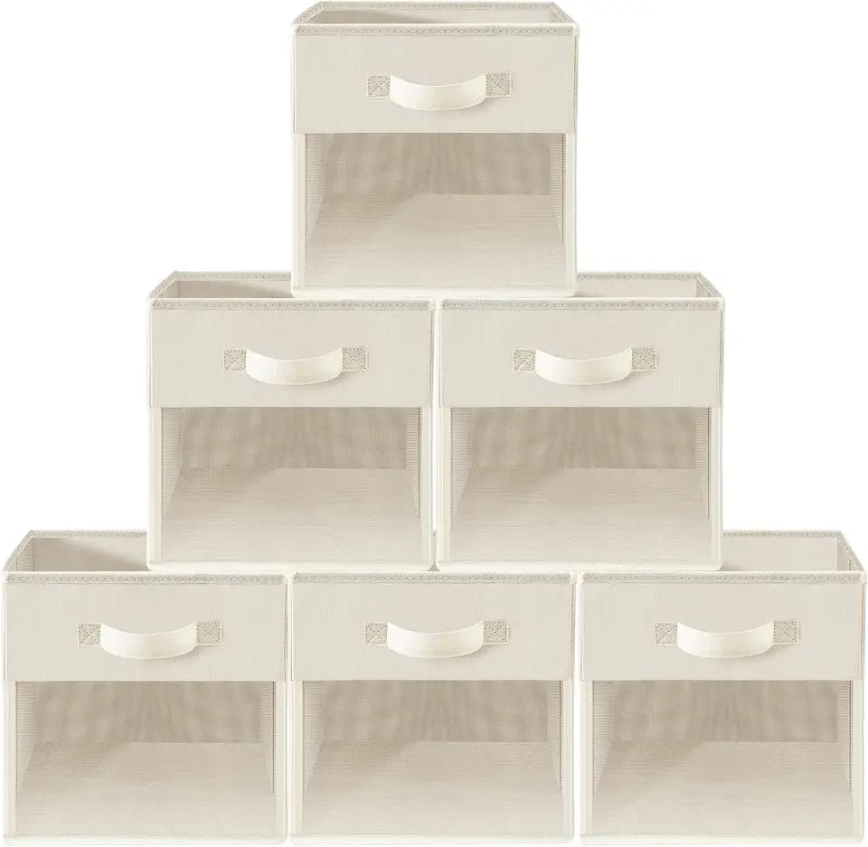 Storage Cubes, 11 Inch Cube Storage Bins With Clear Window, 6 Pack, Foldable Cubes With Handles, Closet Storage Organizer Bins, Cubby Clothing Storage Baskets for Shelves, Beige