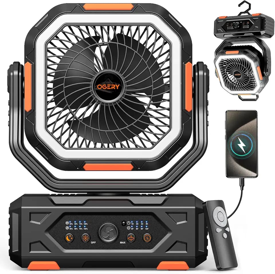 OGERY Portable Fan Rechargeable, 30000mAh Camping Fan for Tent, RV & Outdoor with Up to 322H Runtime, Battery Powered Fan with Remote, LED Lantern, Stepless Speed, Auto Oscillation, Camping Gear