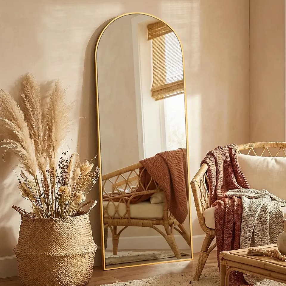 Alpen Gold Arched Full Length Mirror, X-Large 64x21 Floor Mirror with Stand