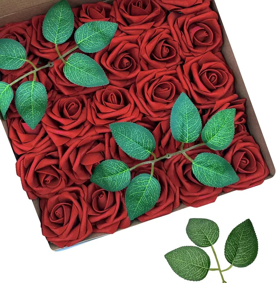 25pcs Realistic Red Foam Roses with Stems for DIY Wedding Bouquets, Bridal Shower, Party & Valentine’s Day Decorations, Table Centerpieces & Floral Arrangements