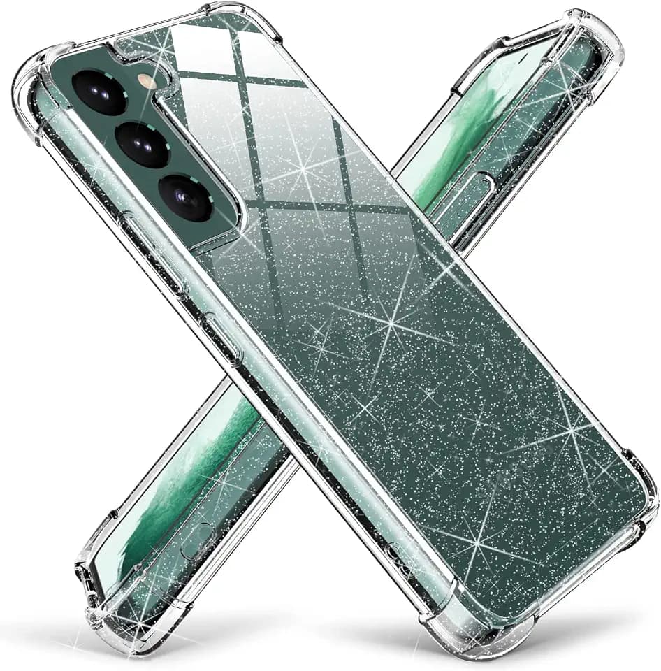 KIOMY Case for Samsung Galaxy S22+ 5G Shockproof Bumper Protective Cover with Airbags Corners Hybrid Design Hard PC Back with Flexible TPU Frame for S22 Plus Clear Glitter Sparkle