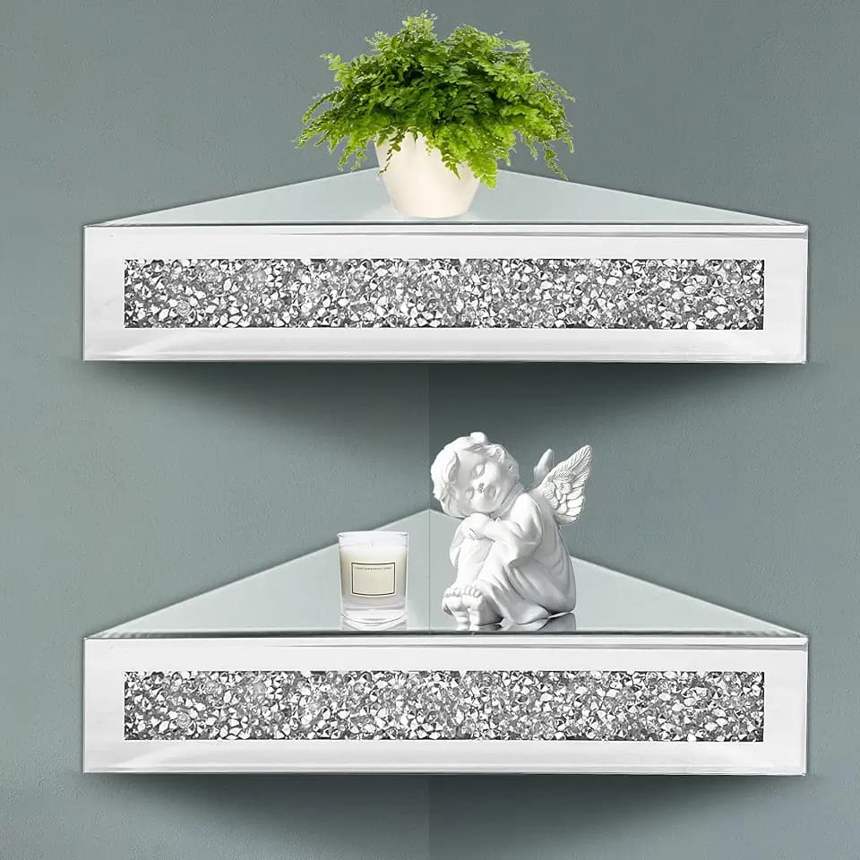 Royxen Corner Floating Shelves 2 Sets, Corner Shelf Wall Mounted Crushed Diamond, Corner Shelves Crystal Mirrored, Floating Corner Shelves for Wall