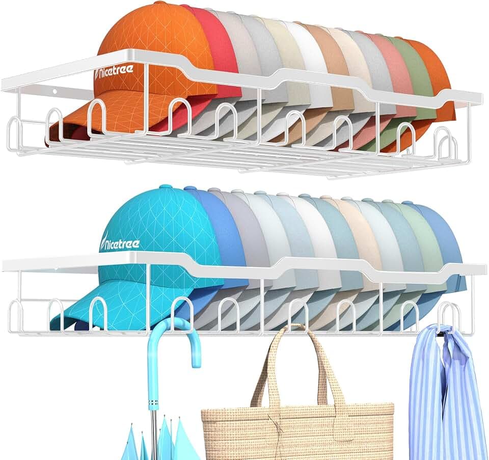 Nicetree Hat Racks for Baseball Caps Wall - Metal Hat Organizer for 48 Baseball Caps Holder, 2 Pack Hat Storage Organizer for Closet, Bedroom, Living Room