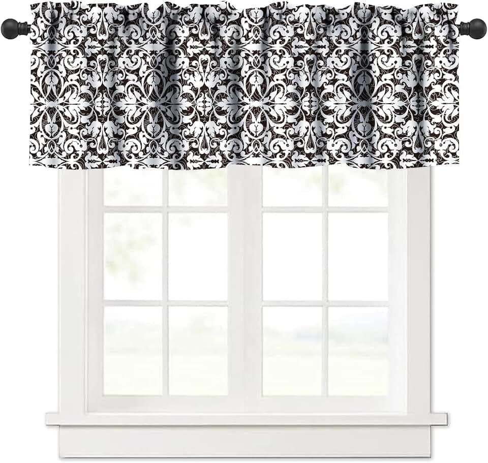 Vintage Window Valance, Rhythmic Print of Flower Nostalgic Elements Damask Style Illustration, Curtain Valance for Kitchen Bedroom Decor with Rod Pocket Black and White 1 Panels W54xL18in