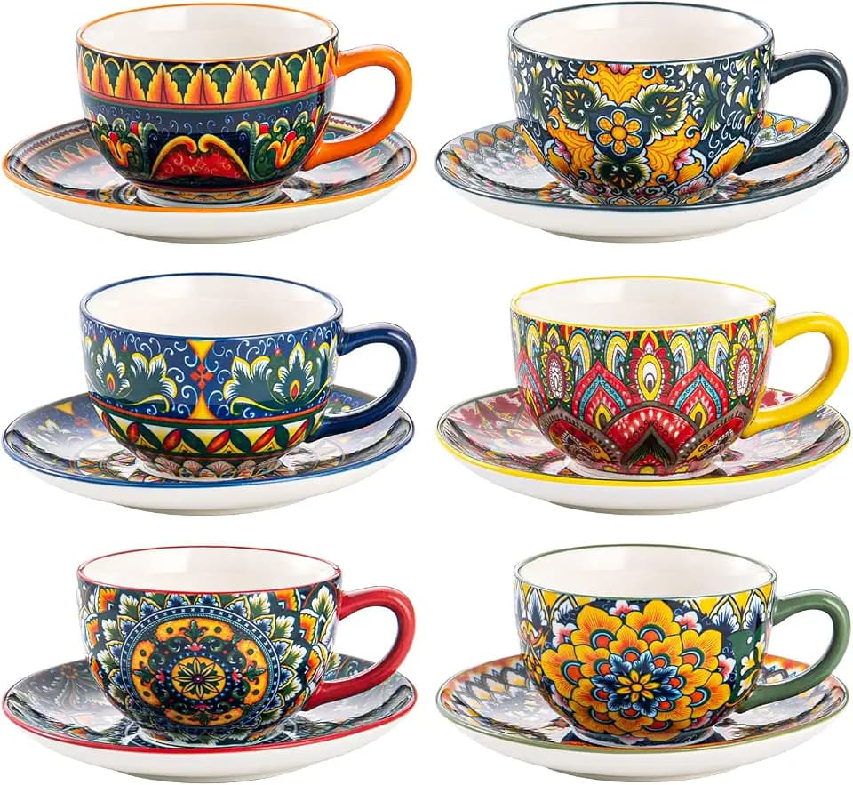 Henten Home 8.5 oz Ceramic Cappuccino Cups, Latte Cup with Saucers Set of 6