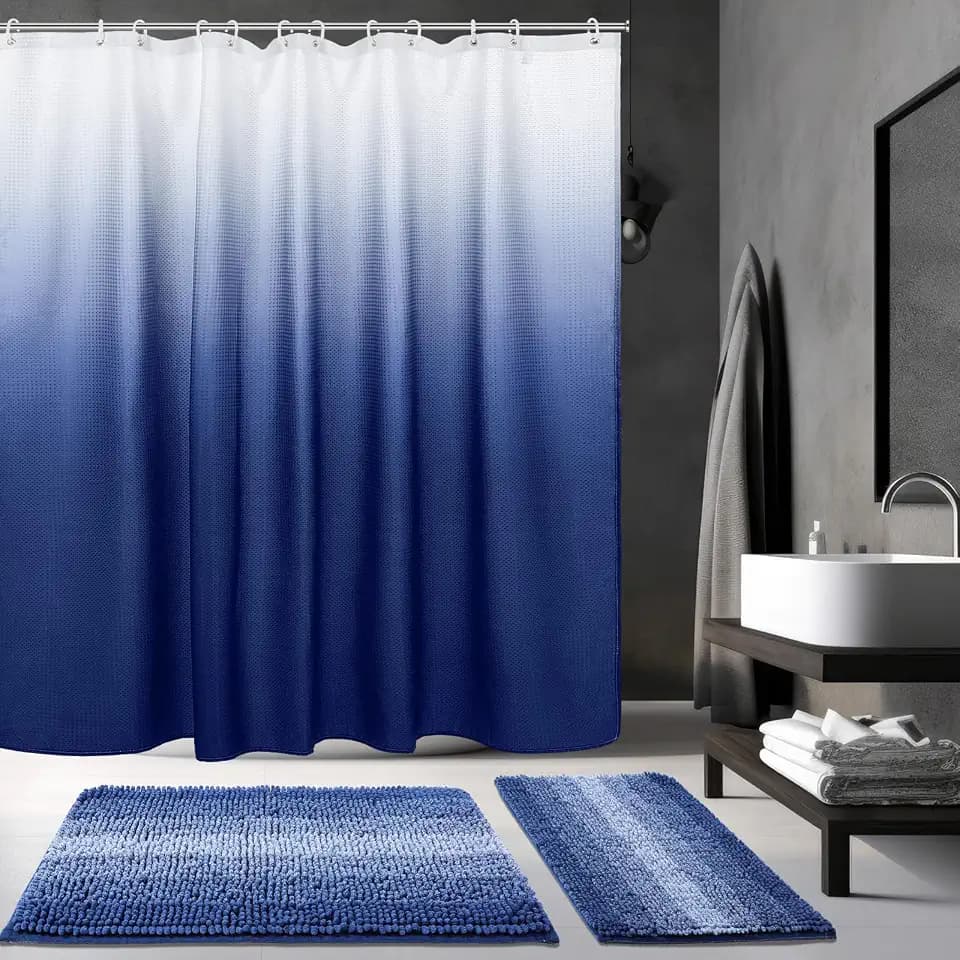 Fanfanwin 3 Pcs Ombre Blue Shower Curtain and Rug Sets with 12 Hooks