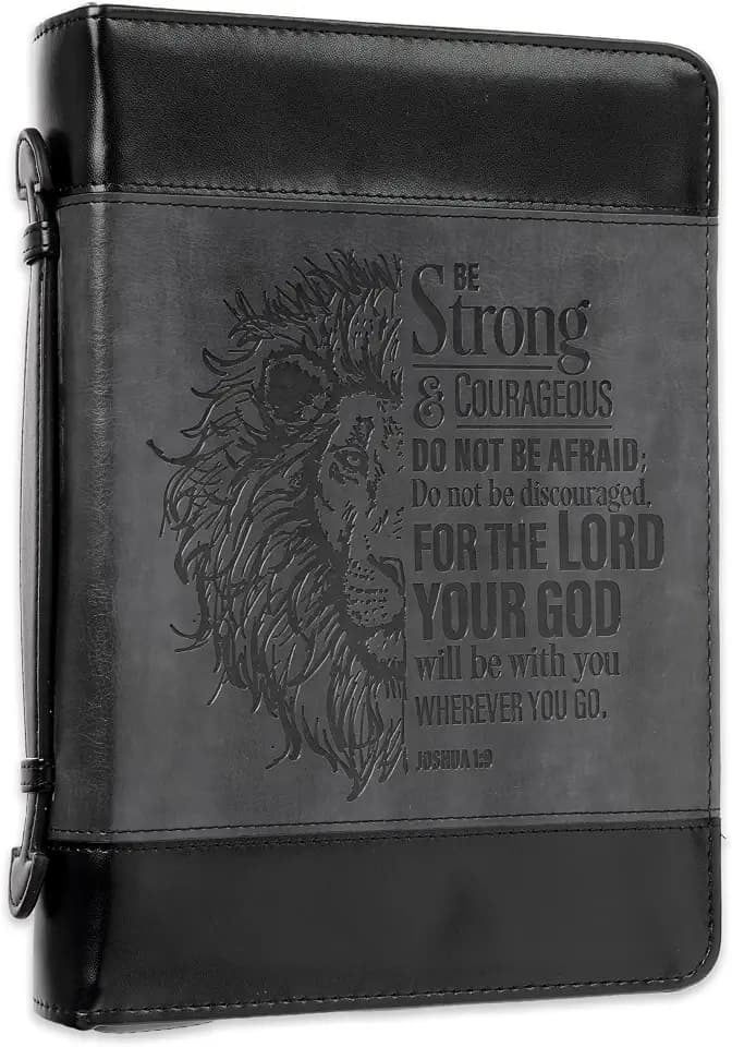 Christian Art Gifts Classic Faux Leather Bible Cover for Men and Women: Be Strong and Courageous - Joshua 1:9 Inspirational Bible Verse with Lion, Gray and Black, Medium