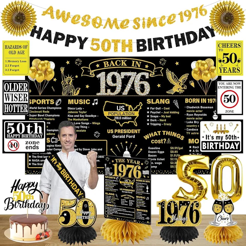 Turypaty 1976 50th Birthday Decorations for Men Women, Black Gold Happy 50 Years Old Birthday Banner Backdrop Wall Sign Balloons Sash Table Cake Topper Honeycomb Centerpieces Paper Fans Party Supplies
