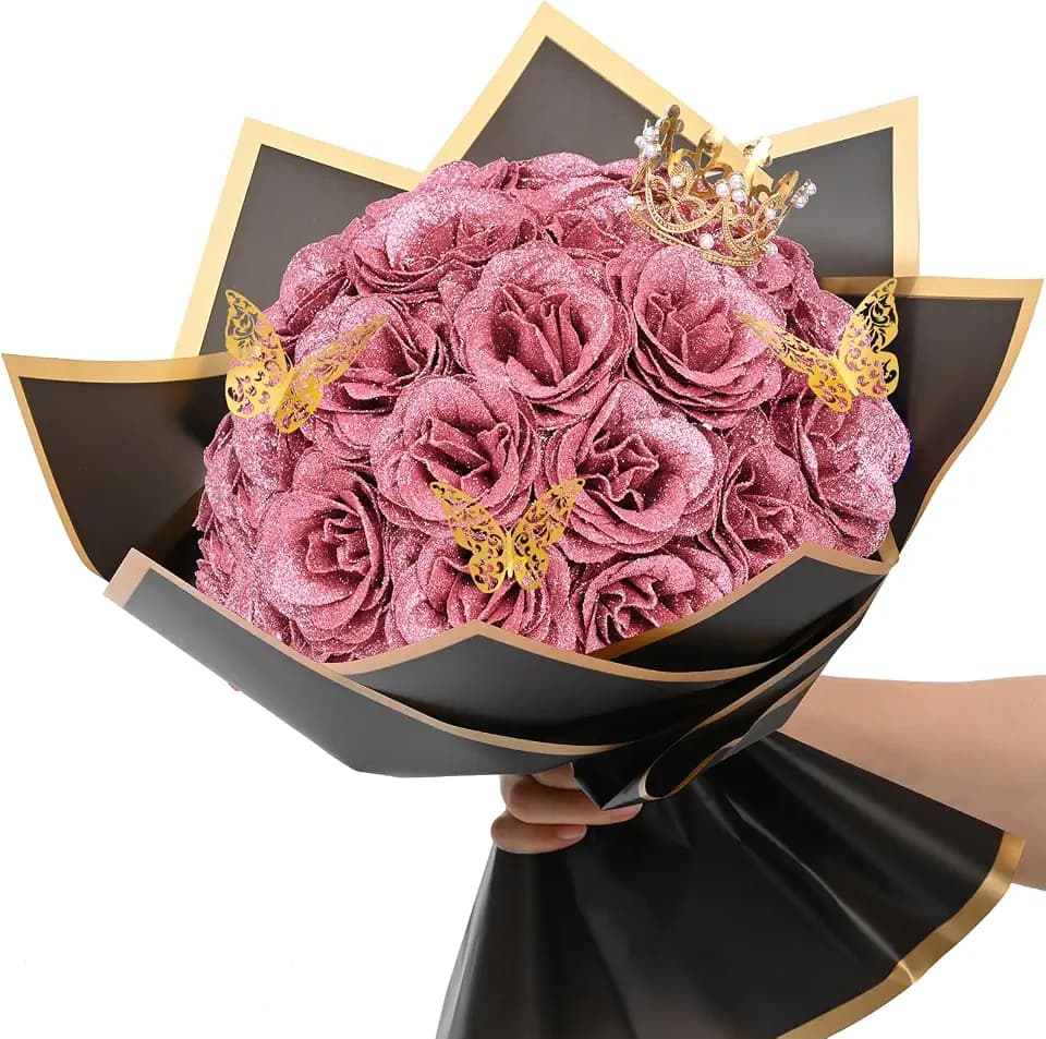 Waipfaru Glitter Roses Bouquet, DIY Fake Flowers Bouquet, Birthday Gifts