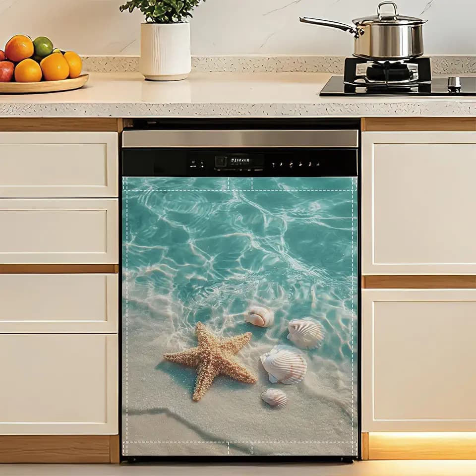 Dishwasher Magnet Cover Beach Starfish Seashell Refrigerator Magnet Coastal Ocean Decorative Dishwasher Panel for Kitchen Appliance Decor Reusable Waterproof 23x26 Inch
