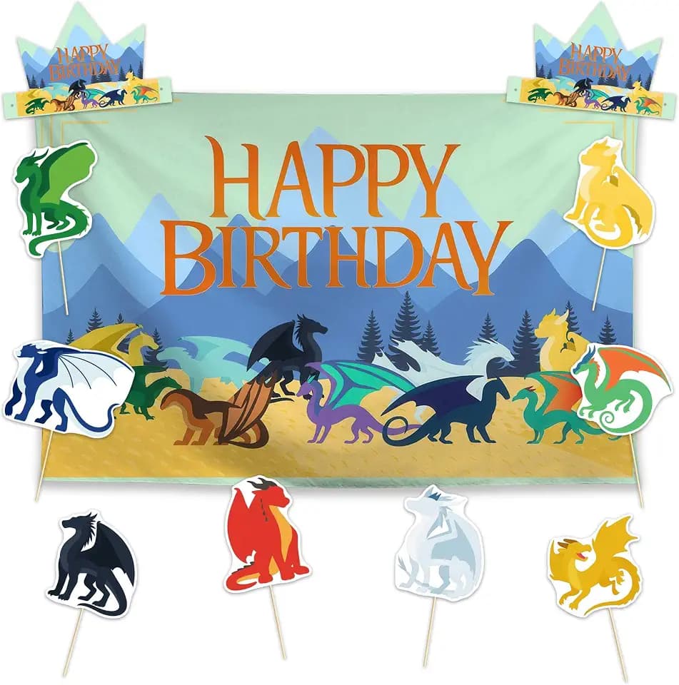 Allenjoy Colorful Dragons Birthday Party Decorations Set - 11 Piece Kit with 59"x35" Backdrop, 2 Headbands, 8 Photo Booth Props, Supplies, Favors for Kids Teens Boys Girls Fans Decor