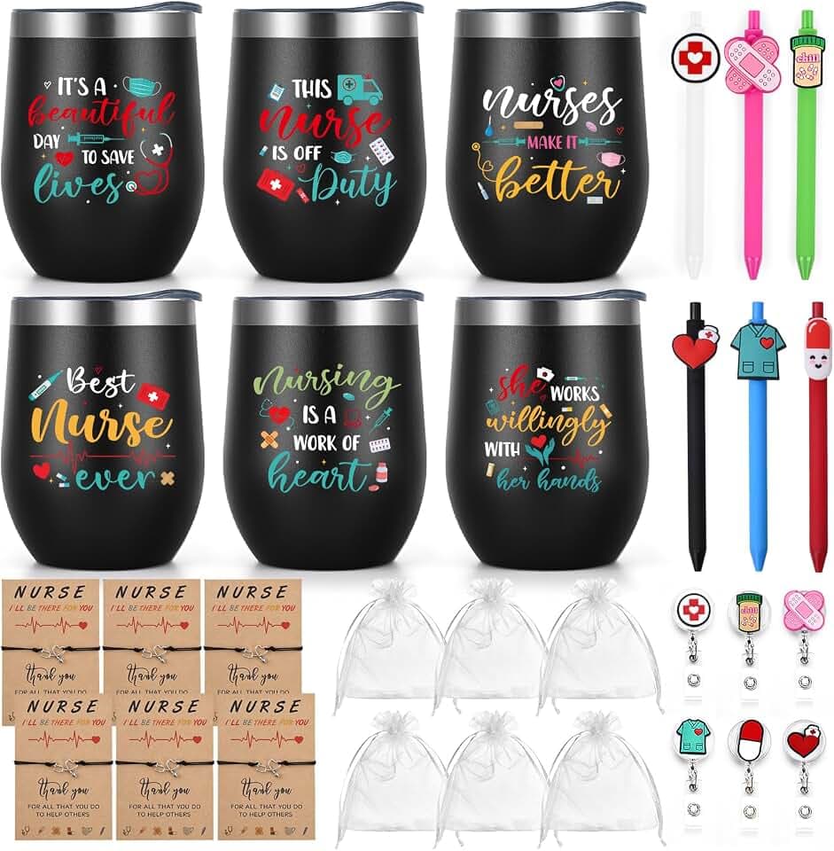 Lifecapido 30Pcs Nurses Week Gifts Bulk 2026, 12oz Nursing Wine Tumblers, Badge Clips, Ballpoint Pens, Bracelets, Gift Bags, Nurse Appreciation Gifts for Nurses Nursing Students(Black)