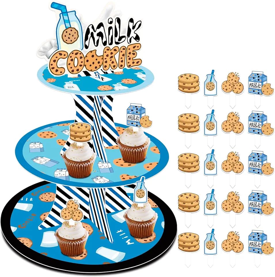 Blue Cookie Milk Cupcake Stand Tower Dessert Holder 1Pcs with Cupcake Toppers 24Pcs for Boy Cookie Milk Birthday Baby Shower Party Favor Decorations Supplies