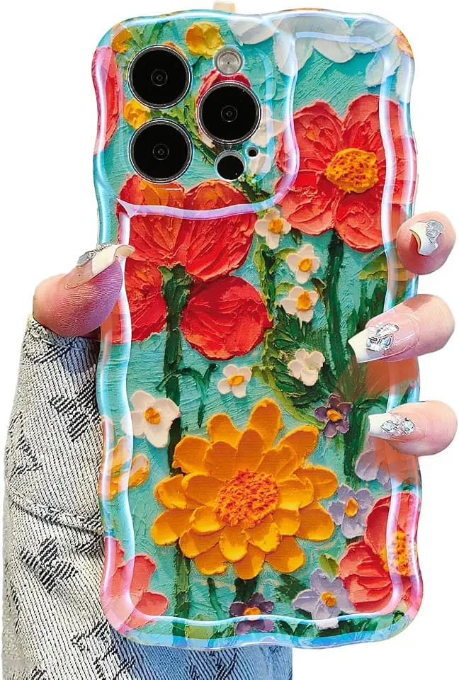 UEEBAI Case for iPhone 15 Pro, Colorful Retro Oil Painting Flower Case Pretty Glossy Pattern Wave Cover Cute Sparkly Floral Curly Cover Stylish Shell for Women Girl, Blue Flower