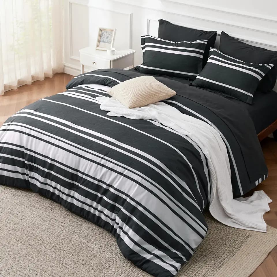 Bedsure Twin Comforter Set 5 Piece, Black Striped, Reversible, All-Season