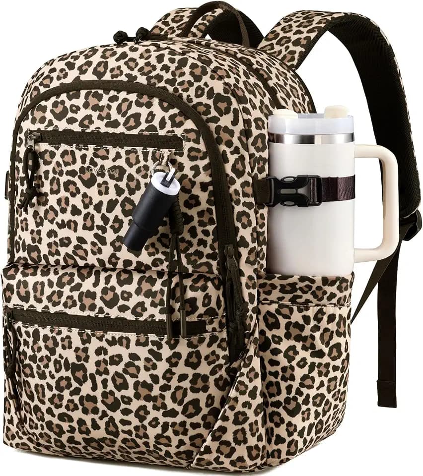 LOVEVOOK Laptop Backpack with Cute Pendant,17.3 Inch Travel Work Backpack Computer Laptop Bag with Large Cup Holder,Waterproof Nurse Teacher College Backpack Purse,Gifts for Women & Men, Leopard print